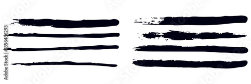 Straight line vector Asian ink brush strokes. Black hand drawn stripes, smears. Chinese, Japanese or  Korean calligraphy brushstrokes set. Rough grunge thick paint line texture. Vector sketch lines