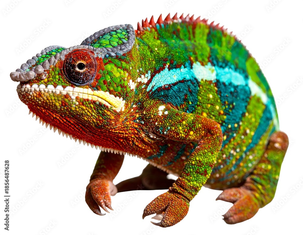 Obraz premium Vivid, close-up of a colorful chameleon against a clean white backdrop