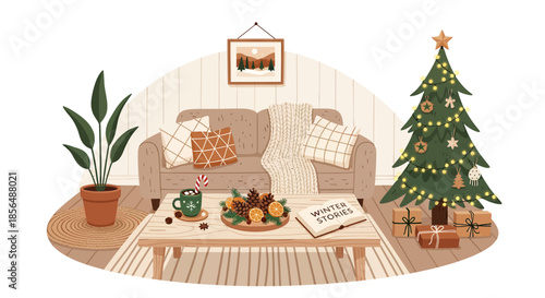 Cozy living room with Christmas tree and holiday decorations