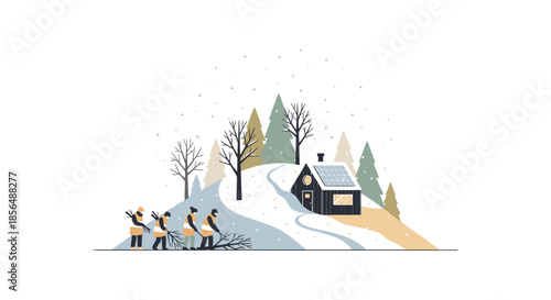 People enjoying winter scenery with eco-friendly home and solar panels