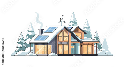 Eco friendly mountain home with solar panels and wind turbine