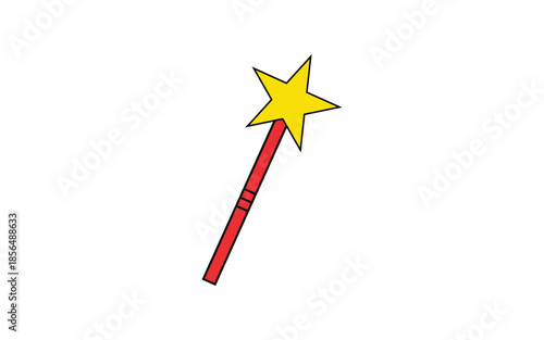 Simple cartoon illustration featuring a bright yellow star on top of a red handle representing a magic wand object used for enchantment or fantasy play on a clean white background