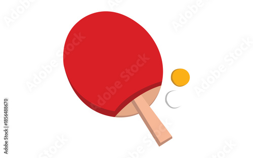 Simple red ping pong paddle poised to strike the small yellow table tennis ball indicating active play or anticipation of a competitive sport moment against a clean white background design.