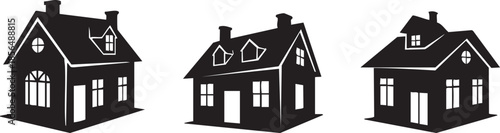 Set of Three Black House Silhouettes with Different Architectural Designs and Perspective Views Isolated on White Background
