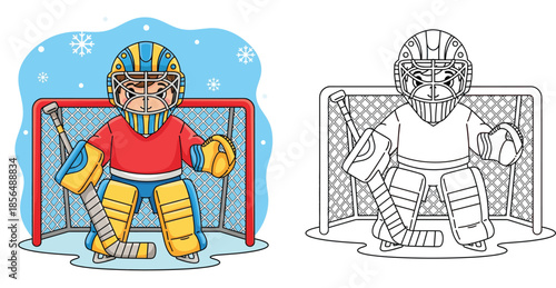 Coloring book page of a cartoon hockey goalie guarding the net with color example vector