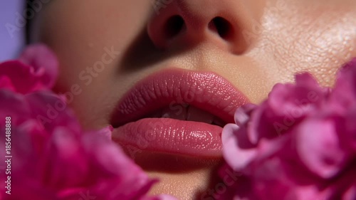 This close-up captures stunning lips surrounded by pink flowers, highlighting the rich colors and textures. The flowers create a soft, elegant look that emphasizes beauty