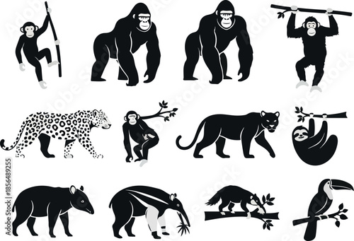 Diverse Wildlife Icons Monkeys, Gorillas, Leopard, Tapir, Anteater, Sloth, Toucan