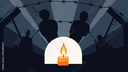 Candle light and silhouette of people behind barbed wire symbolizing remembrance and hope against oppression vector illustration
