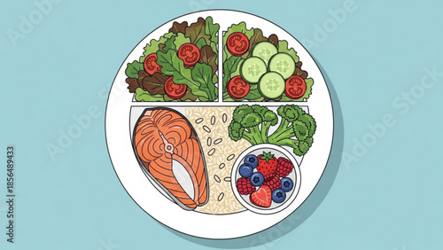 Healthy balanced meal on a plate featuring salmon grains salad and berries ideal for nutrition and diet concepts