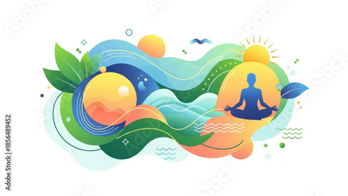 Abstract illustration of nature and meditation flowing waves and leaves with a person in lotus pose representing balance and wellness