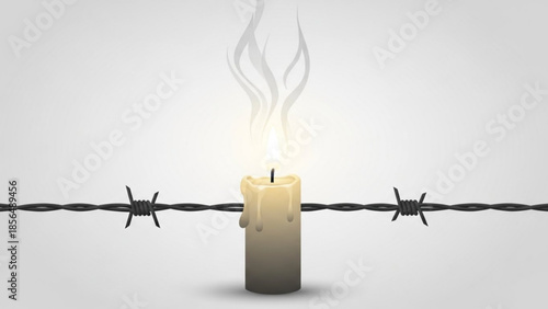 Burning candle behind barbed wire symbolizing hope and resilience in difficult times conceptual illustration