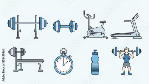 Collection of fitness equipment icons including weights treadmill and exercise bike flat vector illustration for gym and health concepts