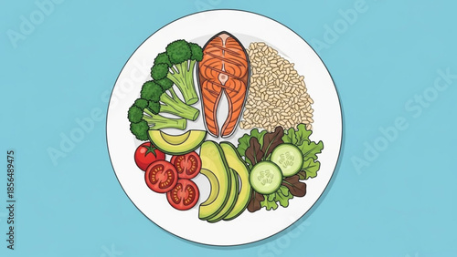 Healthy salmon fillet with quinoa avocado and fresh vegetables on a white plate balanced meal illustration for diet and nutrition concepts