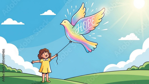 Child flying a rainbow dove balloon with the word HOPE symbolizing peace and optimism against a bright sky