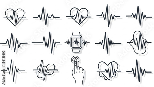 Collection of heart pulse line icons representing cardiology and health monitoring perfect for medical apps and websites