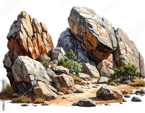 Digital painting of large rock formations and desert plants on a white background