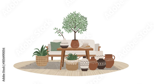 Cozy living room with plants and pottery on wooden floor