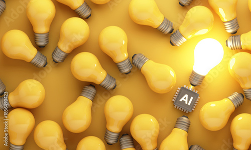 AI powered creativity concept with glowing light bulb connected to AI chip among yellow bulbs symbolizing artificial intelligence innovation and smart ideas 3d rendering