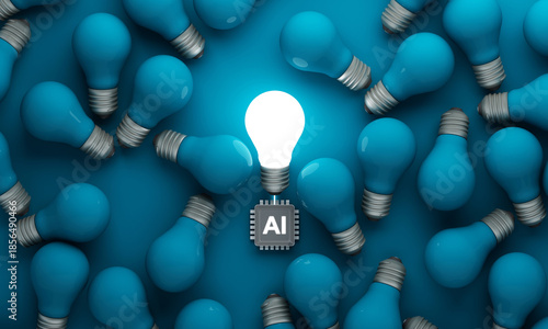 Artificial intelligence innovation concept with bright light bulb connected to AI chip surrounded by blue bulbs representing smart technology creativity and future ideas 3d rendering