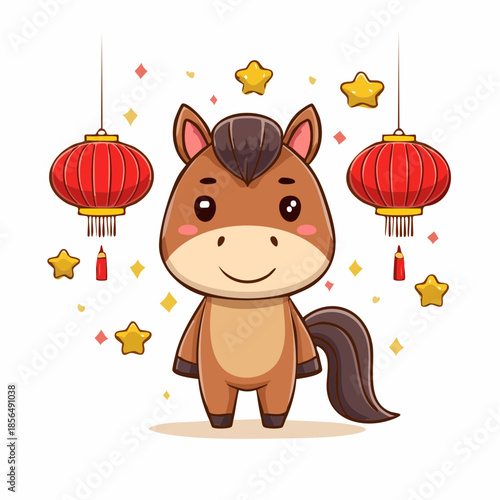 Friendly horse character with traditional Chinese lanterns. Clean SVG vector. Perfect for children's learning materials and holiday-themed icons.