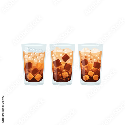 Refreshing iced bubble tea drinks with dark tapioca pearls and ice, presented in three clear glasses