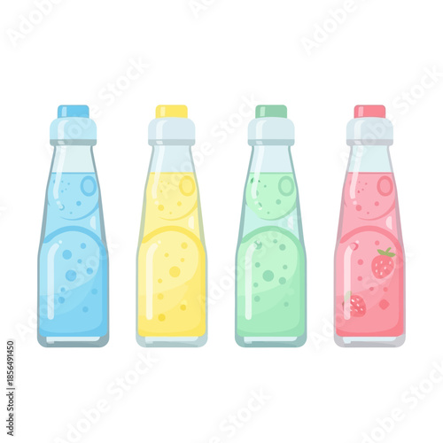 Collection of vibrant sweet bottled carbonated drinks in various fruit flavors, perfect for summer refreshment