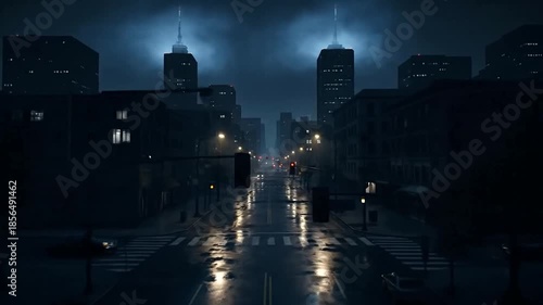 Nighttime cityscape with stormy clouds and reflections