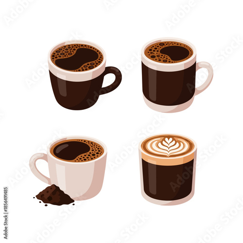 A delightful collection of illustrated coffee beverages showcasing different styles and preparations, perfect for menus or designs