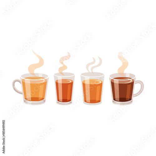 Steaming hot drinks set Diverse teas and coffee in clear glass cups, radiating warmth and comfort