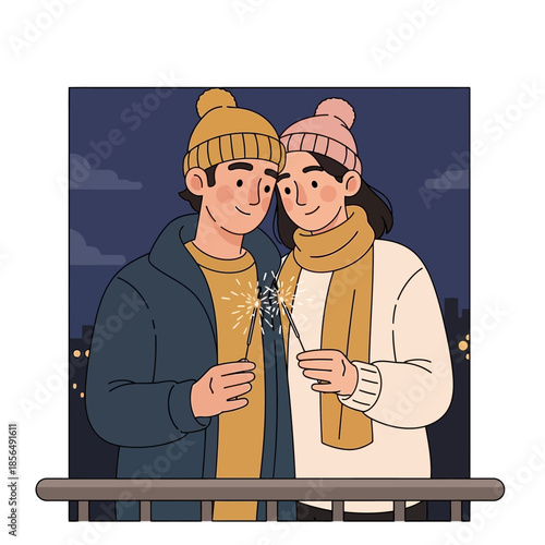 Joyful young couple sharing a magical moment with glowing sparklers under a starry night sky