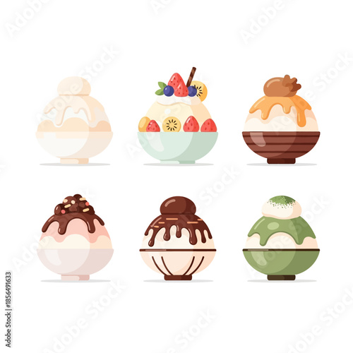 Collection of Refreshing Shaved Ice Desserts with Diverse Flavors and Toppings, Perfect for Summer Treats