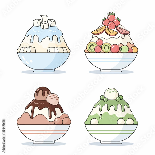 A delightful collection of four colorful shaved ice desserts, each featuring a unique combination of sweet toppings and refreshing flavors
