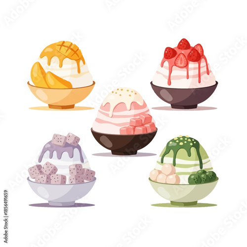 Collection of Colorful Shaved Ice Dishes Featuring Mango, Strawberry, Taro, and Matcha Flavors
