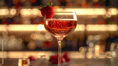 Elegant Pink Champagne with Bubbles and Strawberry Garnish on Bar