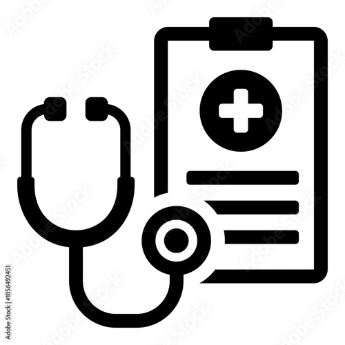 Medical checkup icon with stethoscope and document, symbolizing health assessment, patient examination, and clinical diagnosis for healthcare services and medical applications.