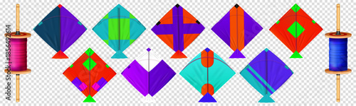 Colorful kite illustration set featuring vibrant flying kites in various shapes and patterns for festivals, celebrations, outdoor activities and playful decorative design