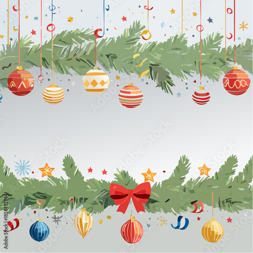 Sleek winter holiday frame with evergreen needles and hanging ornaments. Great for crafting personalized gift tags, labels, and creative seasonal scrapbooking.