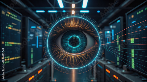 Autonomous security response. digital eye scans data in futuristic server room, monitoring network activity