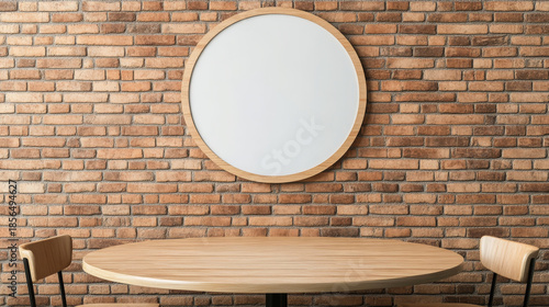 Round white signboard, brick wall, wooden table, two chairs, modern interior, empty space