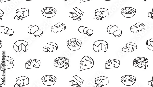 Editable Outline Seamless Pattern Featuring Different Cheese Types