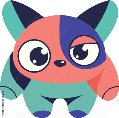 A cute, colorful cartoon creature with a split-color face, large ears, and expressive eyes, rendered in a flat design style.