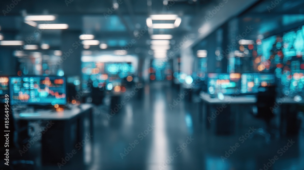 Fototapeta premium modern neon cyberpunk open space office interior blurred with information technology overlay corporate strategy for finance operations marketing technology