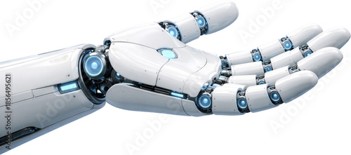 Open robot hand palm up presenting invisible object with copy space