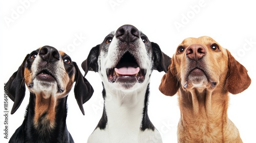 Three hungry dogs with heads close together looking up on a white background with an isolated focus on their features and expressions