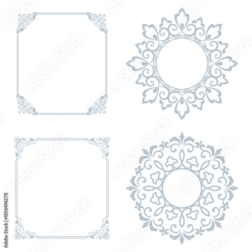 Set of decorative frames Elegant vector element for design in Eastern style, place for text. Floral gray and white borders. Lace illustration for invitations and greeting cards