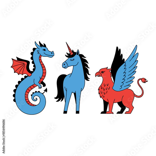 Fantasy creatures dragon unicorn griffin together.