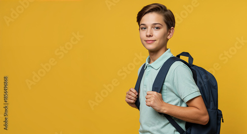 Wallpaper Mural Middle school child with backpack on bright yellow studio background Torontodigital.ca