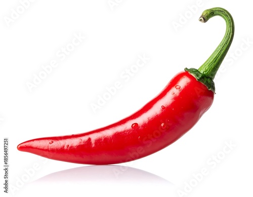 A vibrant, single red pepper with water droplets glistening. The chili is set against a clean white backdrop with a subtle reflection