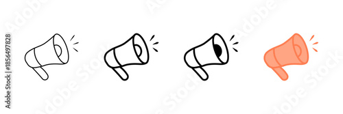 Set of minimalist megaphone icons with transparent background, depicting communication symbols for announcements, marketing, and public relations, vector illustration