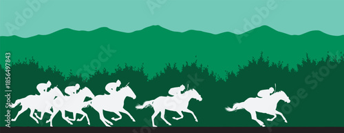 Silhouette of jockeys riding horses in a race with a forest and mountains in the background.
